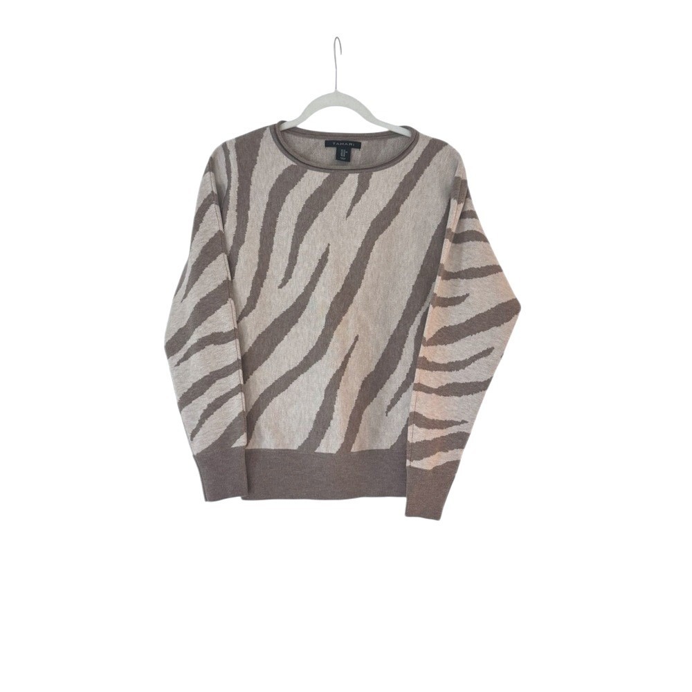 Tahari Women Taupe Cream Zebra Animal Print Crewneck Knit‎ Sweater Size M